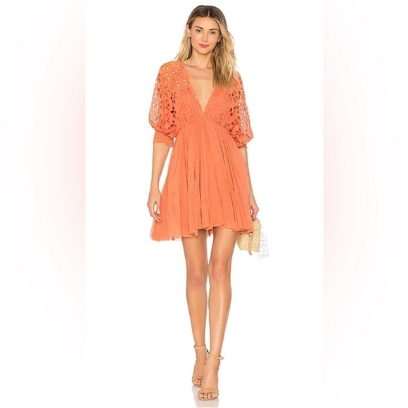 Free People One Bella Note Eyelet Mini Dress Tunic TerraCotta Clay Orange Boho - Picture 13 of 15